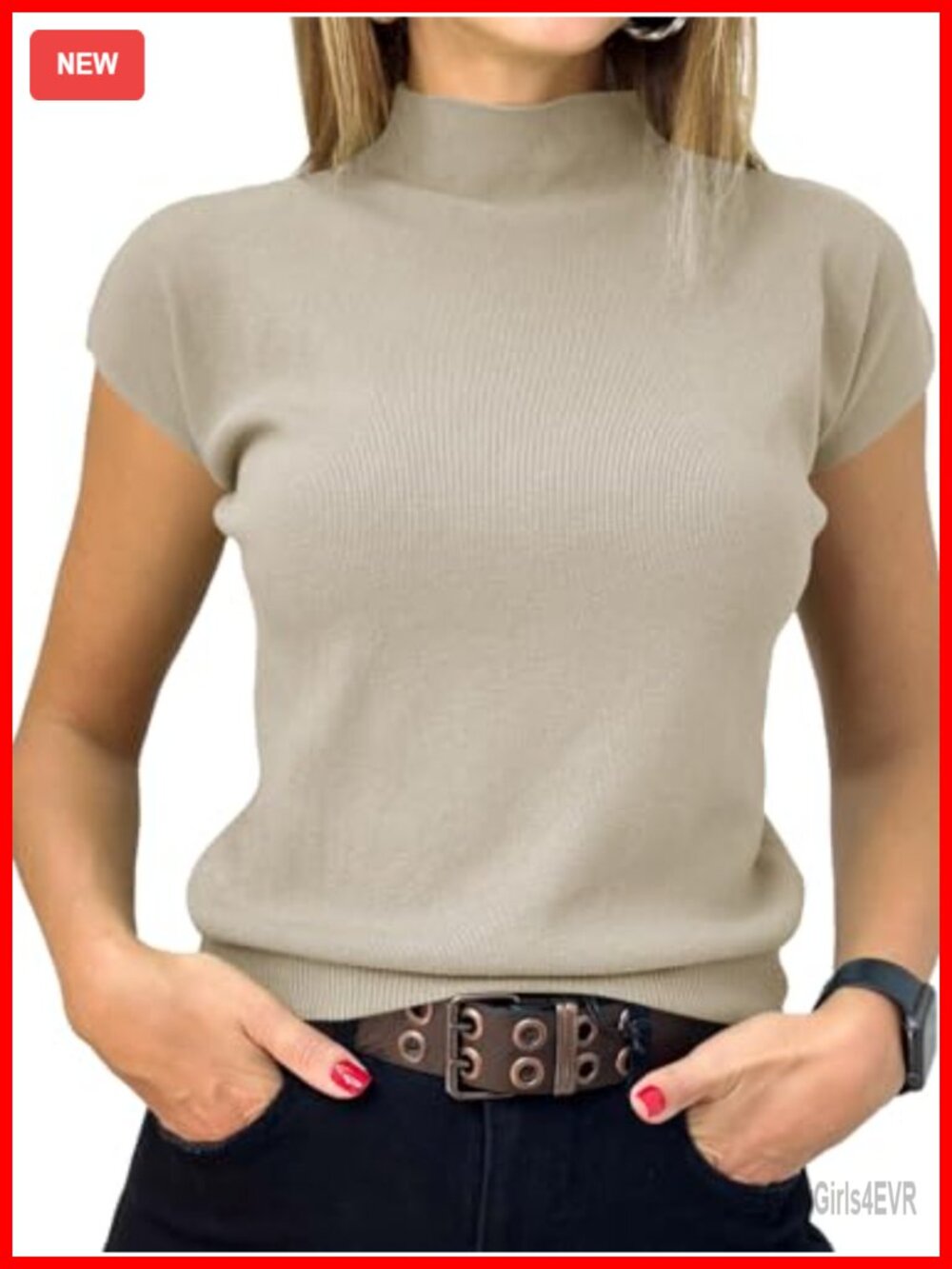 Womens Mock Neck Short Sleeve Sweater Ribbed Knit Pullover Top
